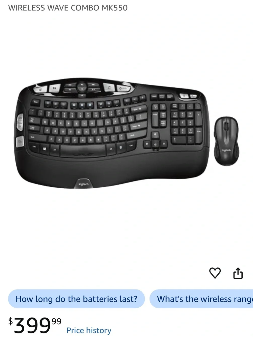Logitech MK550 Wireless Keyboard and Mouse Combo Comfort Wave